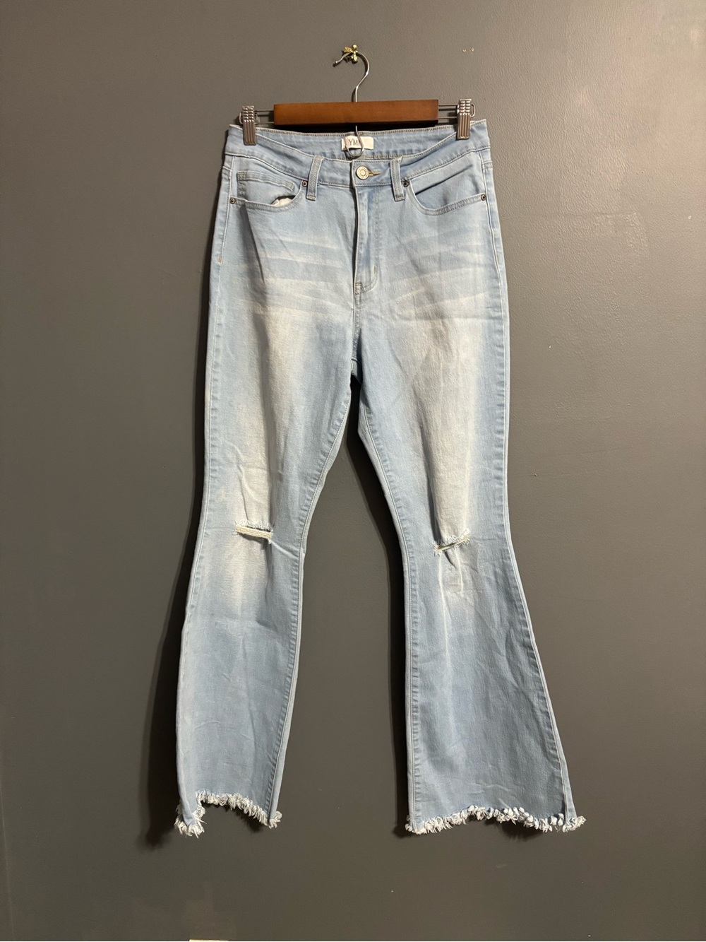 YMI light wash western flare distressed frayed hem denim jeans size 11/30
